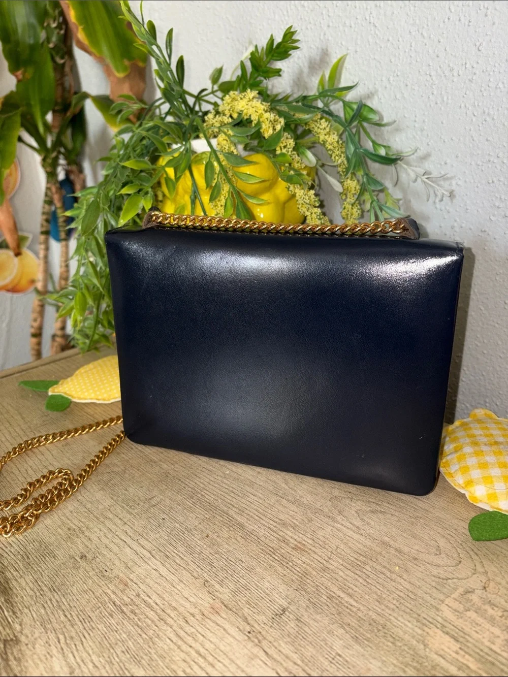Harrods Classic Black Leather Crossbody with Gold Chain